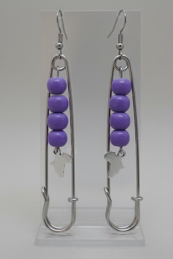 Ko Sedibeng Designs - Big Purple Spelete Safety Pin Earrings with Africa Map Charm