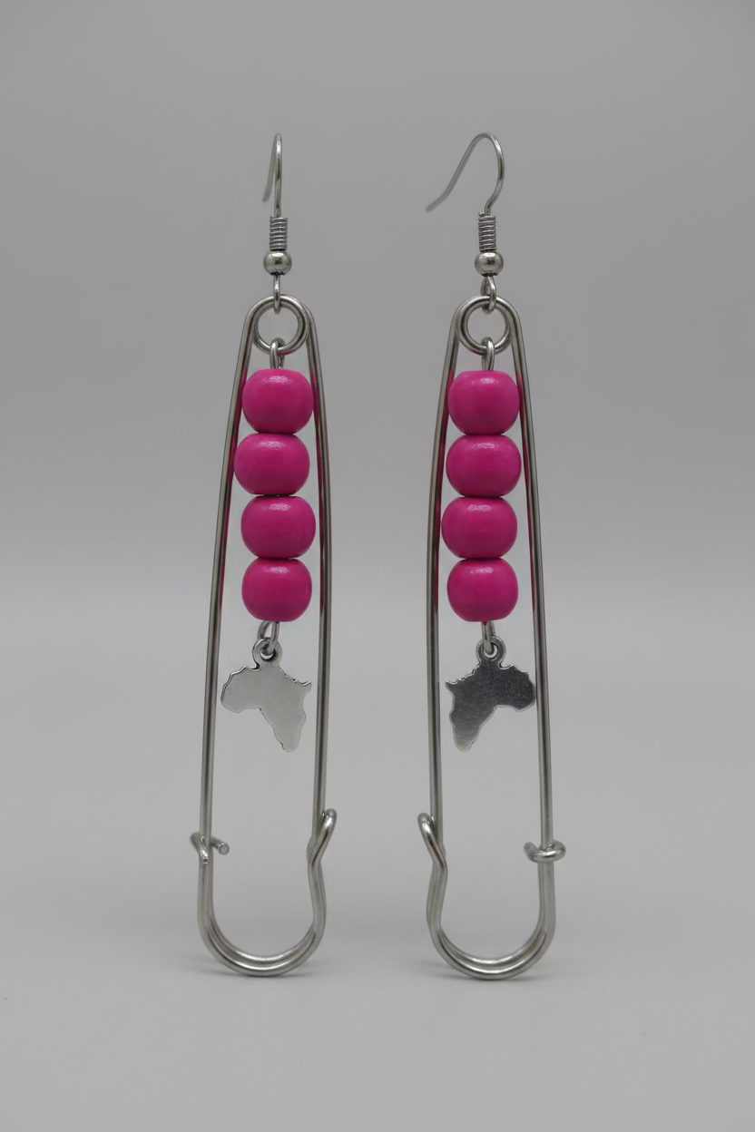 Ko Sedibeng Designs - Big Pink Spelete Safety Pin Earrings with Africa Map Charm