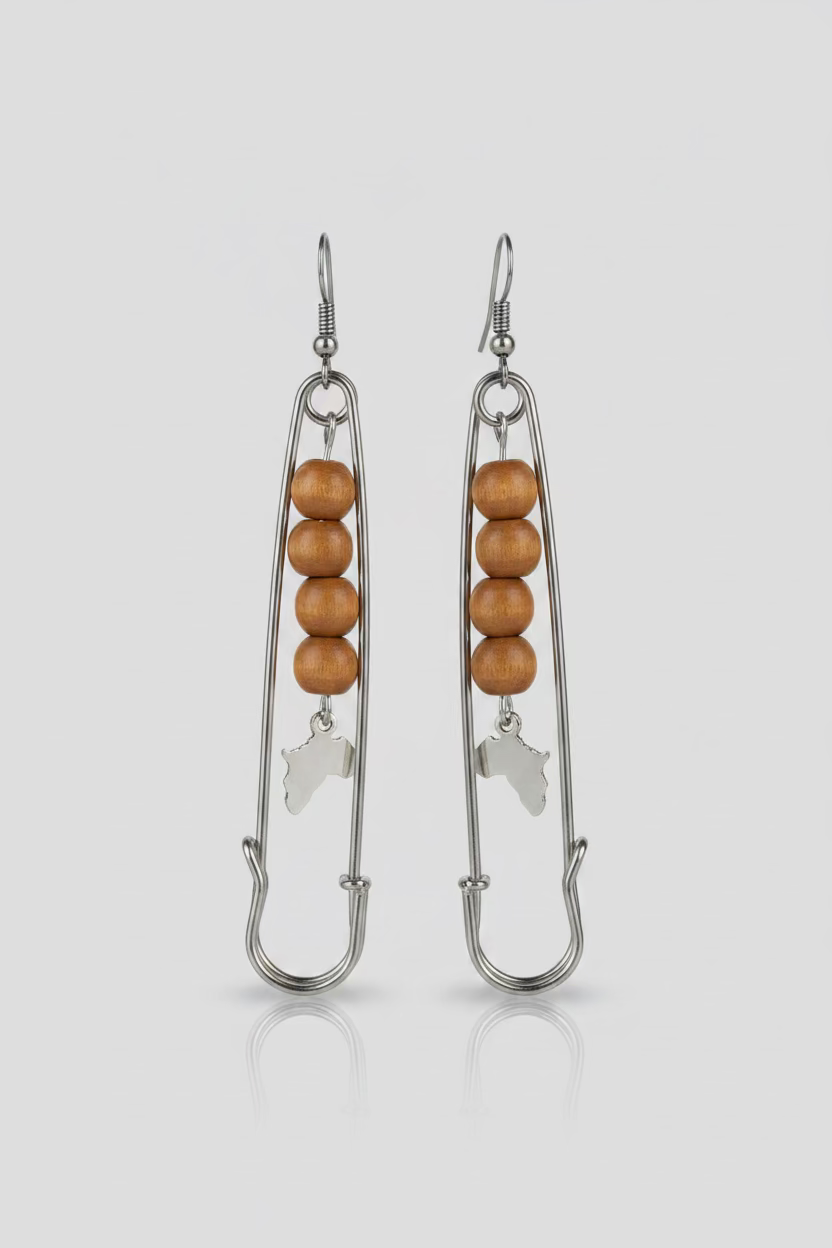 Ko Sedibeng Designs - Big Natural Wood Spelete Safety Pin Earrings with Africa Map Charm
