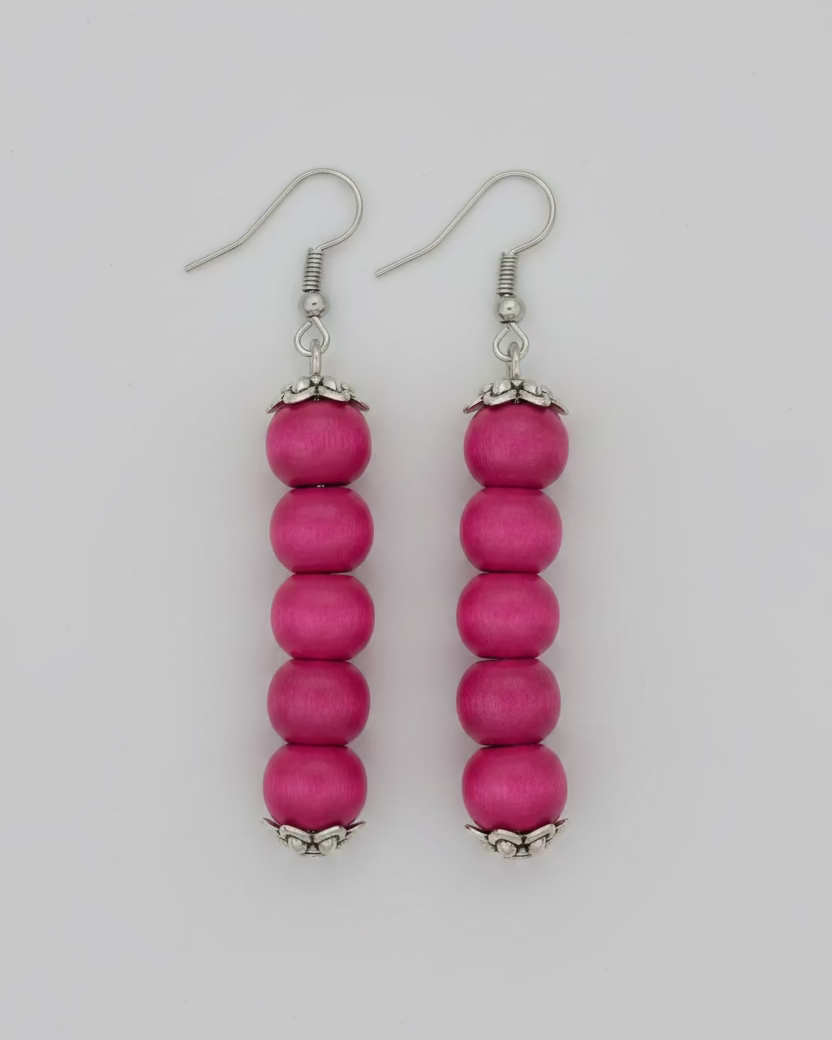Ko Sedibeng Designs Fuchsia Pink Stacked Wooden Bead Silver Drop Earrings
