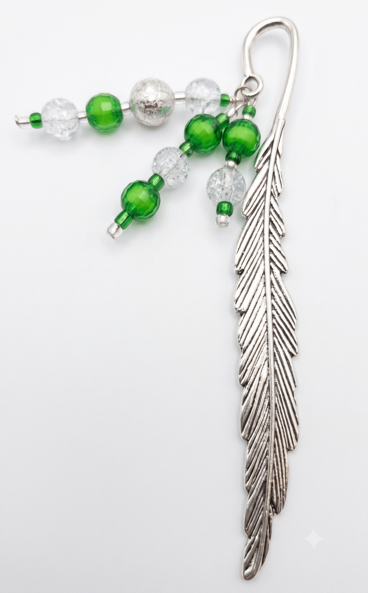 Handcrafted Silver Feather Bookmark with Emerald and Ice Glass Beads - Ko Sedibeng Designs - Bookmarks