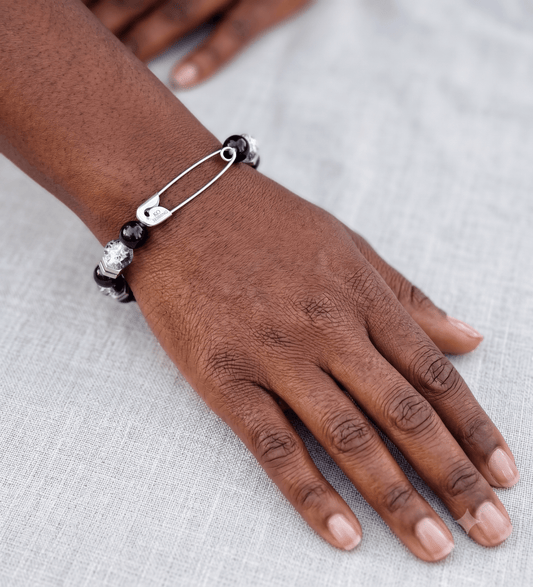 Ko Sedibeng Beaded Safety Pin Bracelet – Black & Silver with Accents - Ko Sedibeng Designs - Bracelet