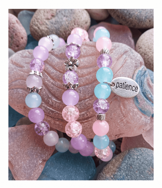 Radiant 3-Piece Pastel Bracelet Set with Crackle Glass and "Patience" Charm - Ko Sedibeng Designs - Glass Bracelet