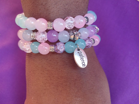 Pink and Purple Glass Beads Bracelet with Patience Charm (set of 3)