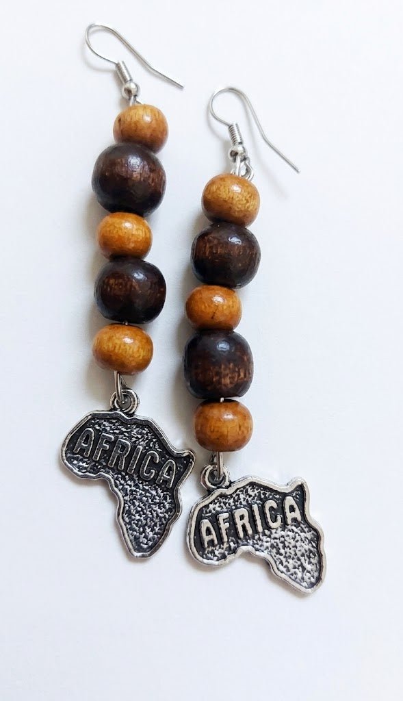 Handcrafted African Map Wooden Bead Dangle Earrings - Ko Sedibeng Designs - Earrings