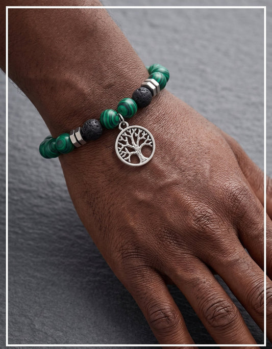 Ko Sedibeng Designs - Malachite Gemstone & Lava Rock Bracelet with Tree of Life & Buddha Accents - Ko Sedibeng Designs - Gemstones