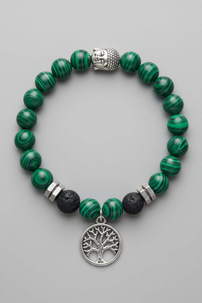 Ko Sedibeng Designs - Malachite Gemstone & Lava Rock Bracelet with Tree of Life & Buddha Accents - Ko Sedibeng Designs - Gemstones