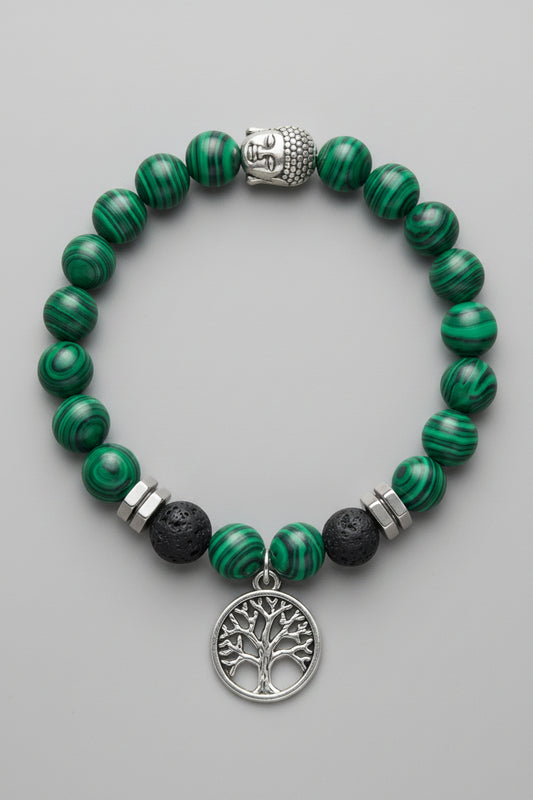 Ko Sedibeng Designs - Malachite Gemstone & Lava Rock Bracelet with Tree of Life & Buddha Accents - Ko Sedibeng Designs - Gemstones