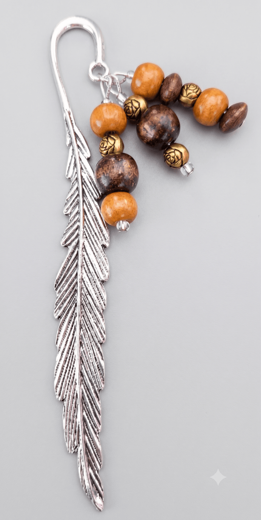 Ko Sedibeng Designs - Silver Feather Beaded Bookmark – Earthy Wood & Bronze - Ko Sedibeng Designs - Bookmarks