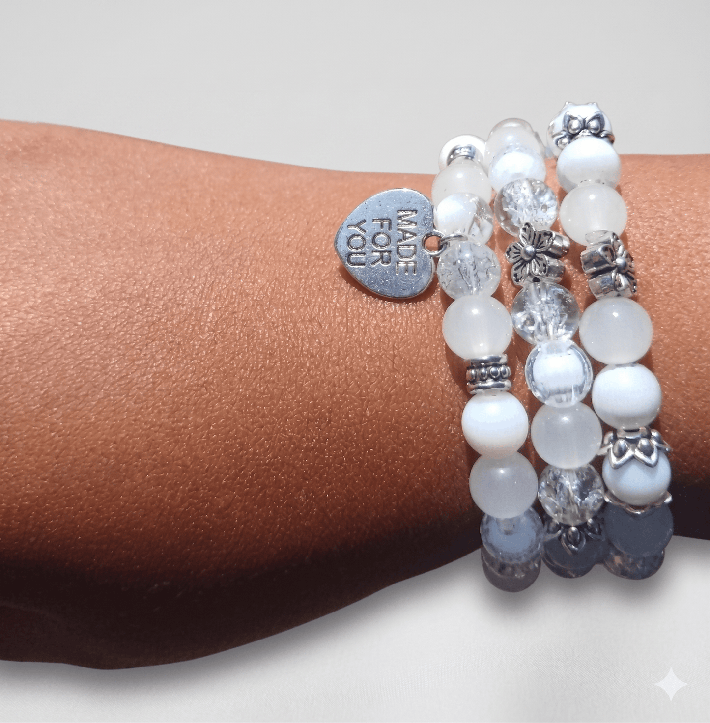 Multi-Layer White Beaded Charm Bracelet Stack - 3-Row Elastic Beaded Strand Set with Silver Accents and Engraved Heart Pendant - Ko Sedibeng Designs - Glass Bracelet