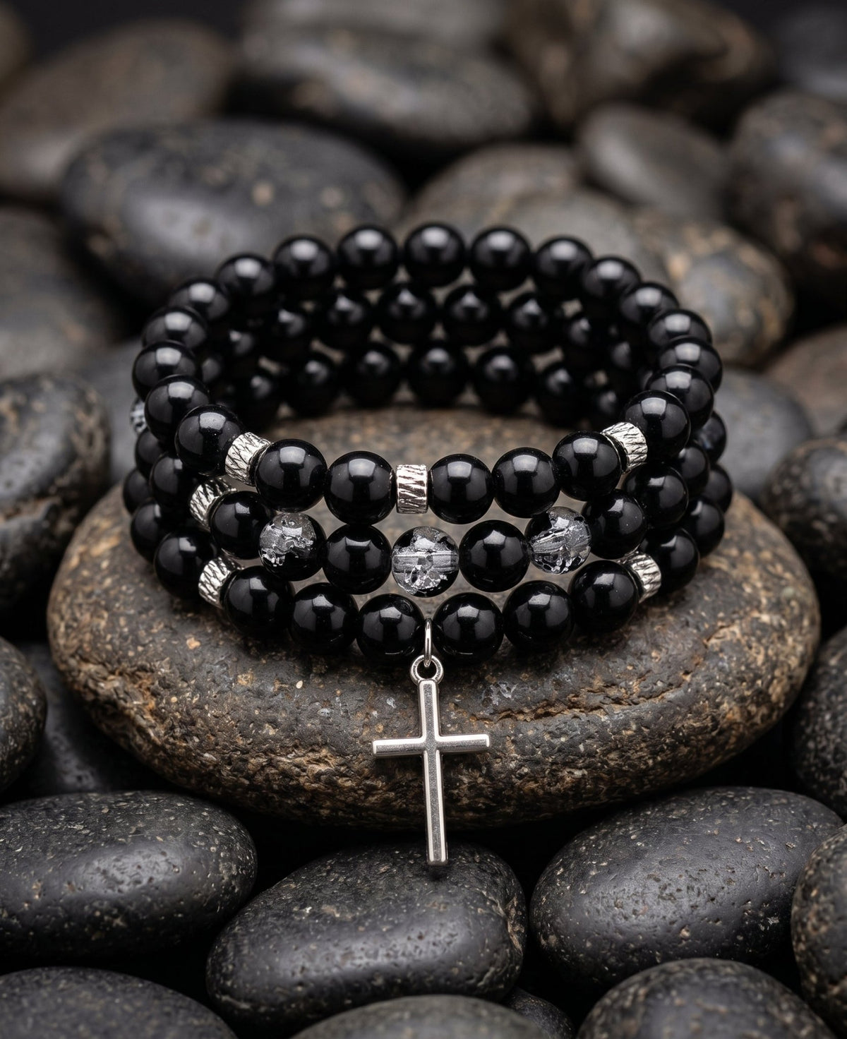 Radiant 3 Piece All-Black Faith Bracelet with Silver Cross Charm - Ko Sedibeng Designs - Glass Bracelet