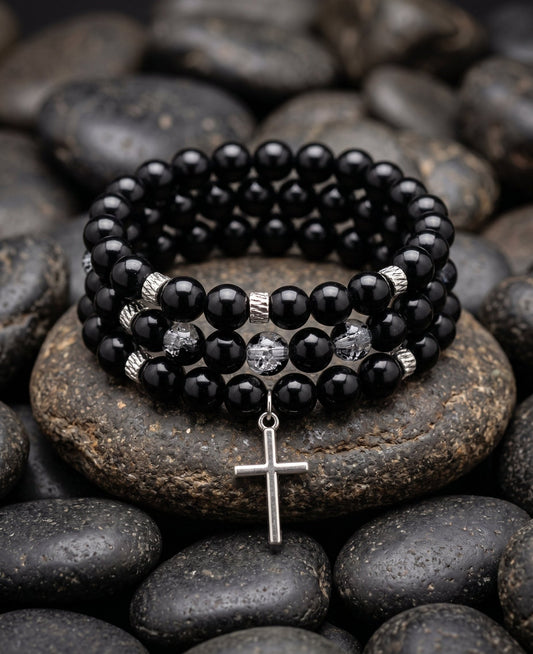 Radiant 3 Piece All-Black Faith Bracelet with Silver Cross Charm - Ko Sedibeng Designs - Glass Bracelet