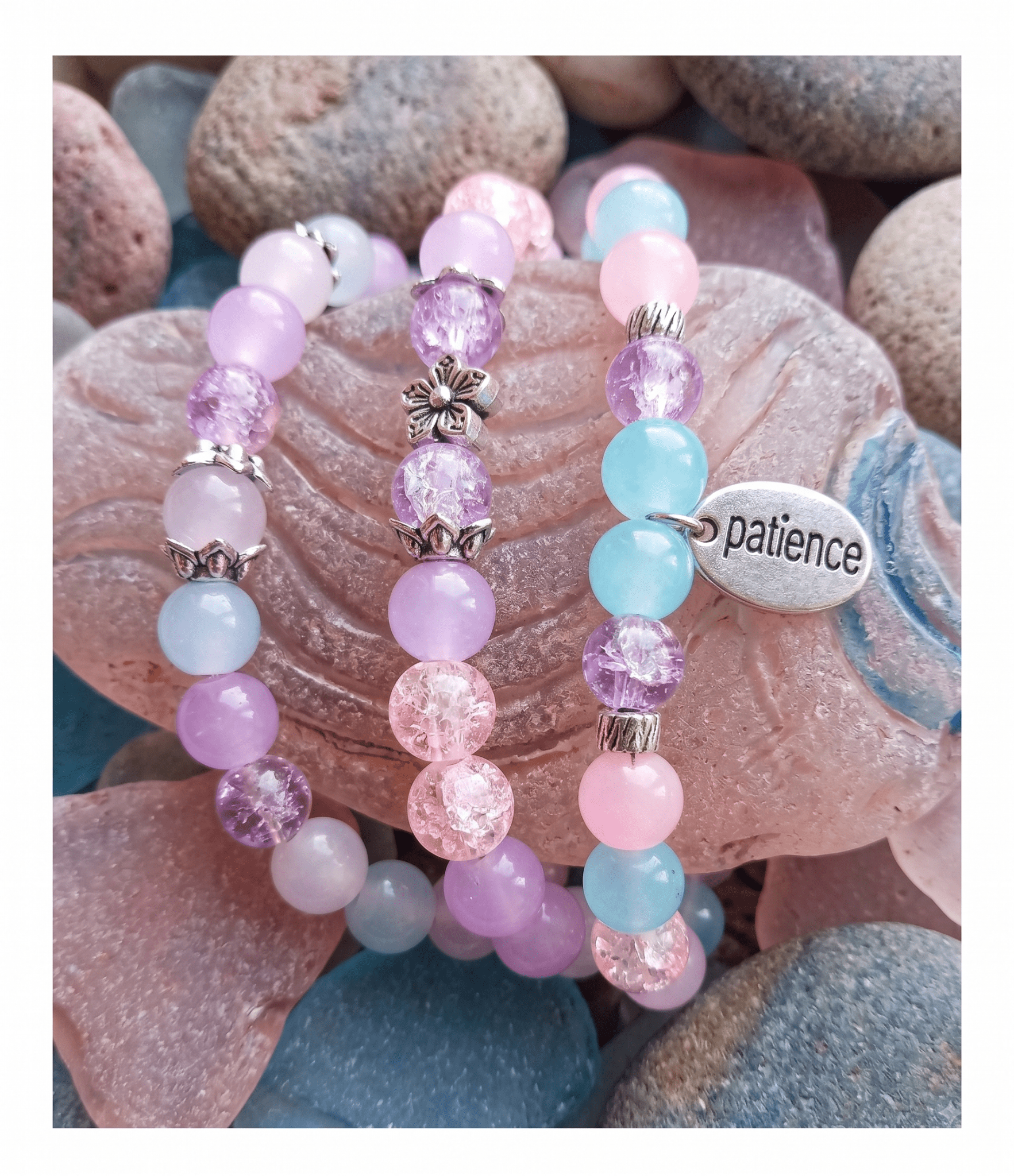 Radiant 3-Piece Pastel Bracelet Set with Crackle Glass and "Patience" Charm - Ko Sedibeng Designs - Glass Bracelet