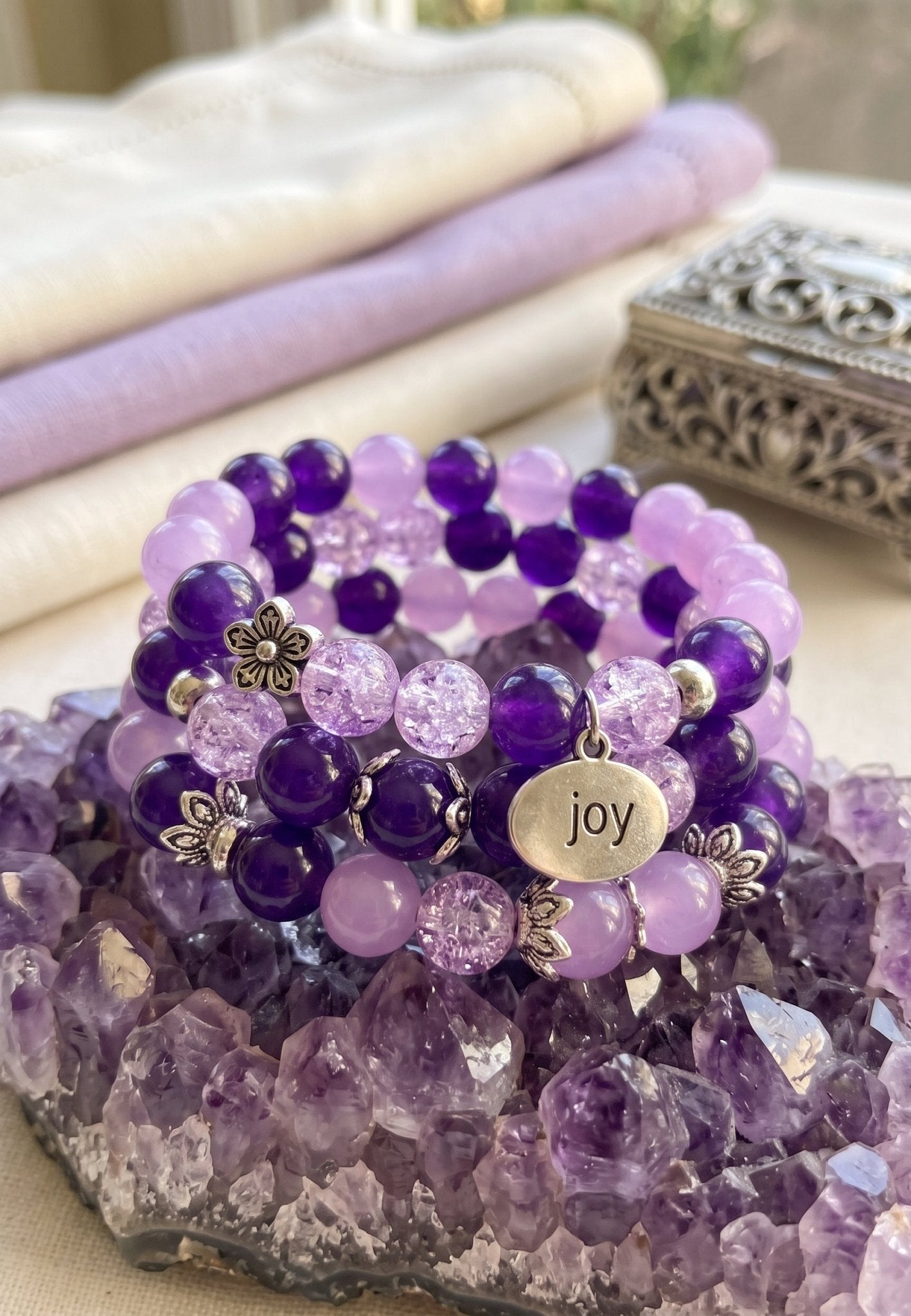 Radiant 3-Piece Purple Bracelet Set with Crackle Glass & "Joy" Charm - Ko Sedibeng Designs - Glass Bracelet