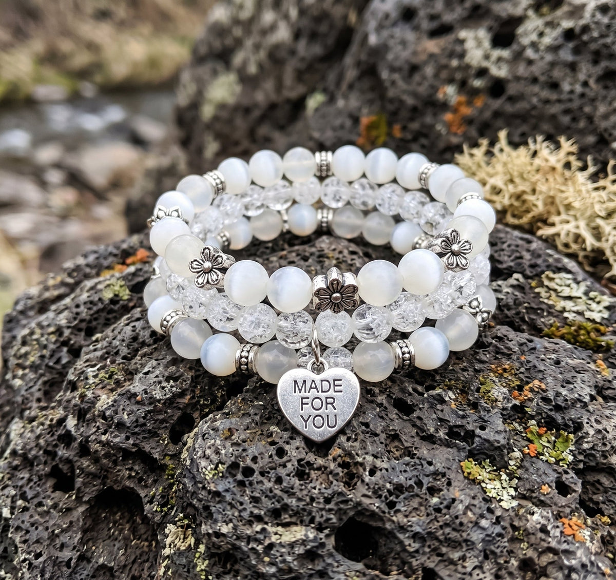Radiant 3-Piece White & Silver Beaded Elastic Bracelet Stack with Engraved Heart Charm - Ko Sedibeng Designs - Glass Bracelet