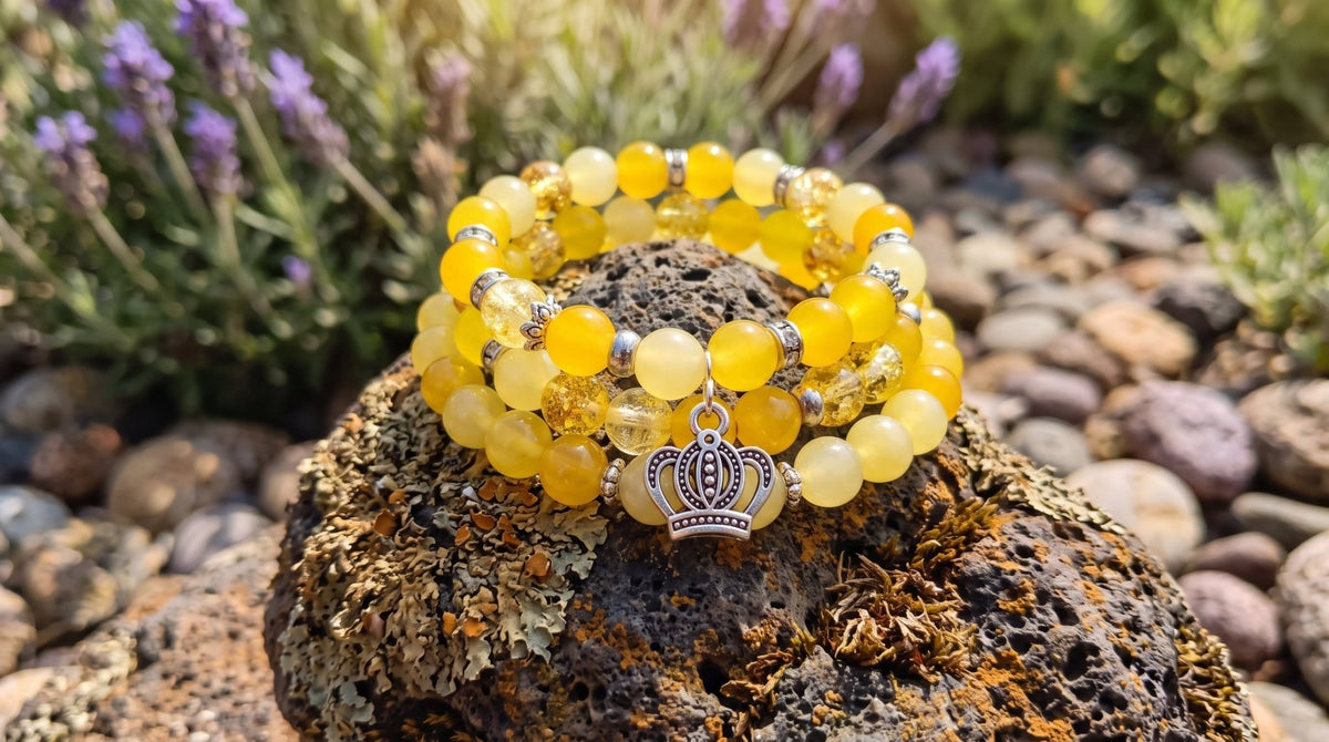 Radiant 3-Piece Yellow Bracelet Set with Crackle Glass & Crown Charm - Ko Sedibeng Designs - Glass Bracelet